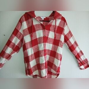 Red and Tan Paid Button Down with hood!